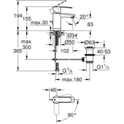 Grohe QuickFix Wave Cosmopolitan Einhand-Waschtischbatterie -Badezimmerprodukte Geschäft 02060 4628 masszeichnung 3